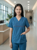 Bộ scrubs nữ màu xanh dương cao cấp, Size M - Vải Lon Mỹ