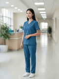 Bộ scrubs nữ màu xanh dương cao cấp, Size M - Vải Lon Mỹ