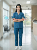 Bộ scrubs nữ màu xanh dương cao cấp, Size M - Vải Lon Mỹ