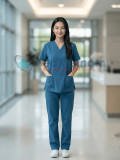 Bộ scrubs nữ màu xanh dương cao cấp, Size M - Vải Lon Mỹ