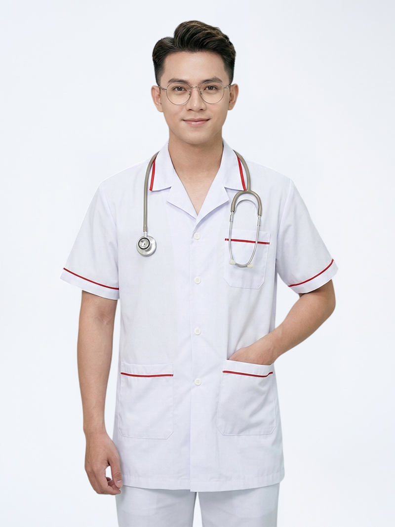 Áo blouse dược sĩ nam cộc tay viền đỏ