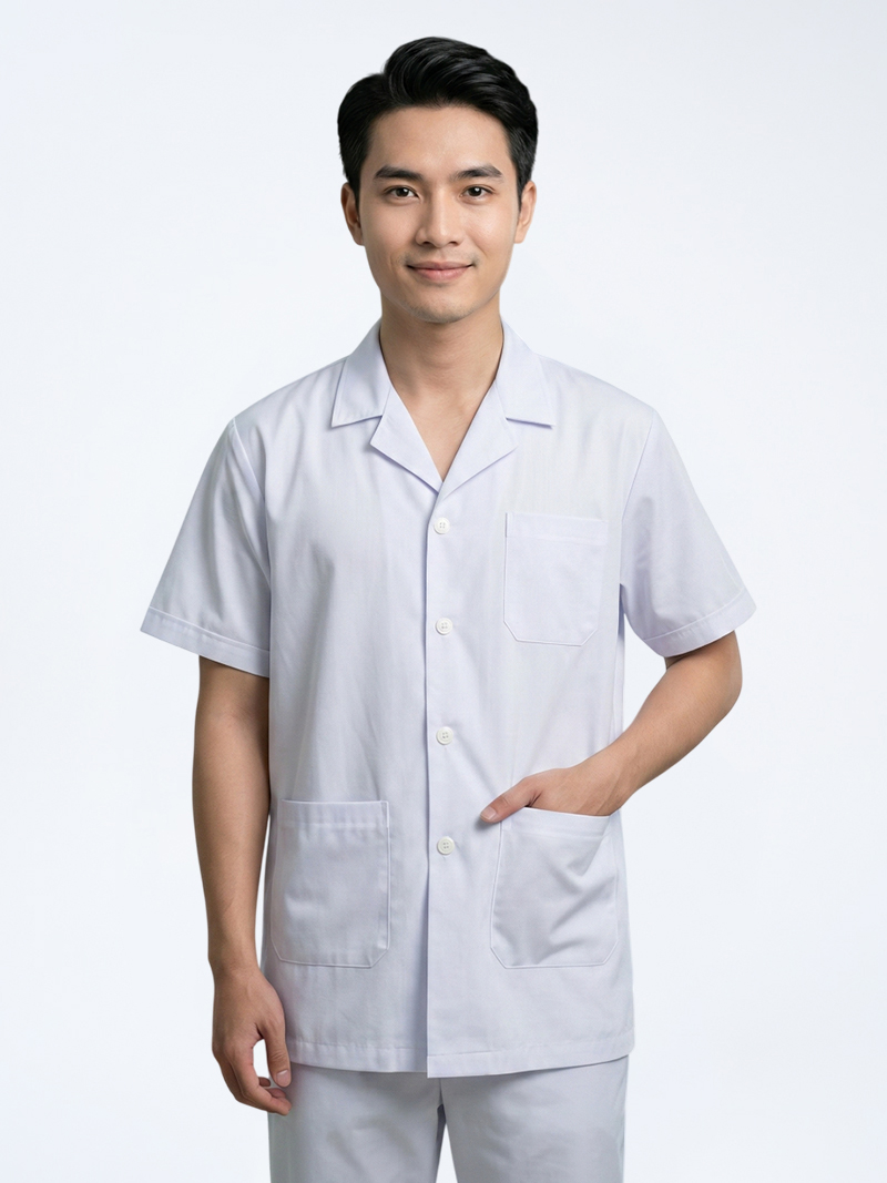 Áo blouse dược sĩ nam cộc tay vải lon Mỹ chuyên dụng