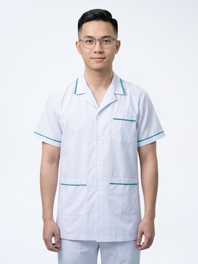 Áo blouse dược sĩ nam cộc tay viền xanh lá