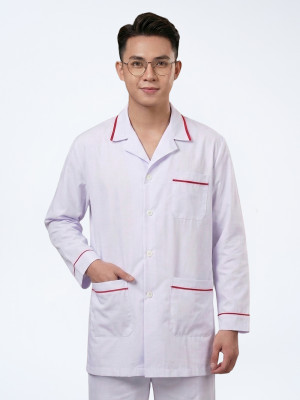 Áo blouse y tá, điều dưỡng nam dài tay màu trắng viền đỏ