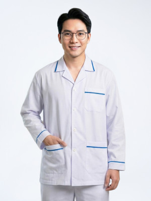  Áo blouse y tá, dược sỹ, điều dưỡng nam dài tay viền xanh dương