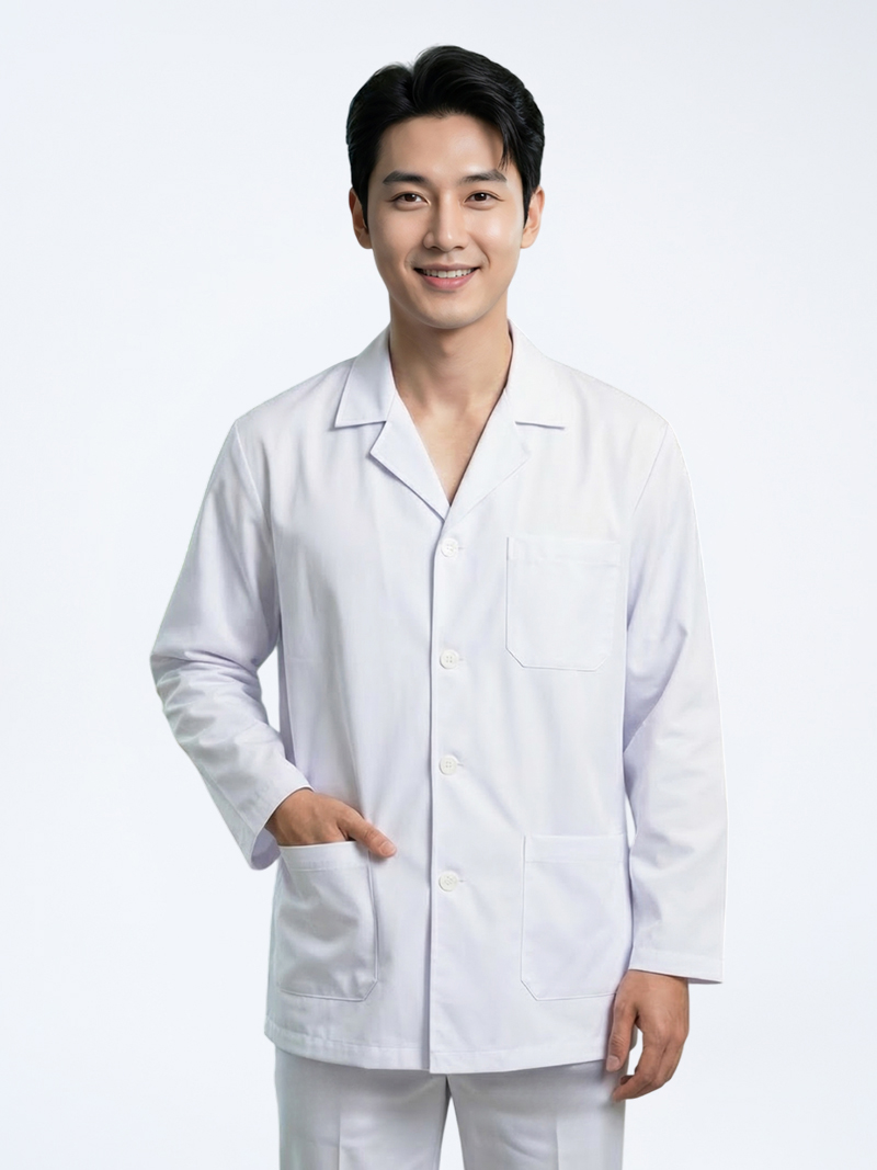 Áo blouse y tá, dược sỹ, điều dưỡng nam dài tay màu trắng trơn