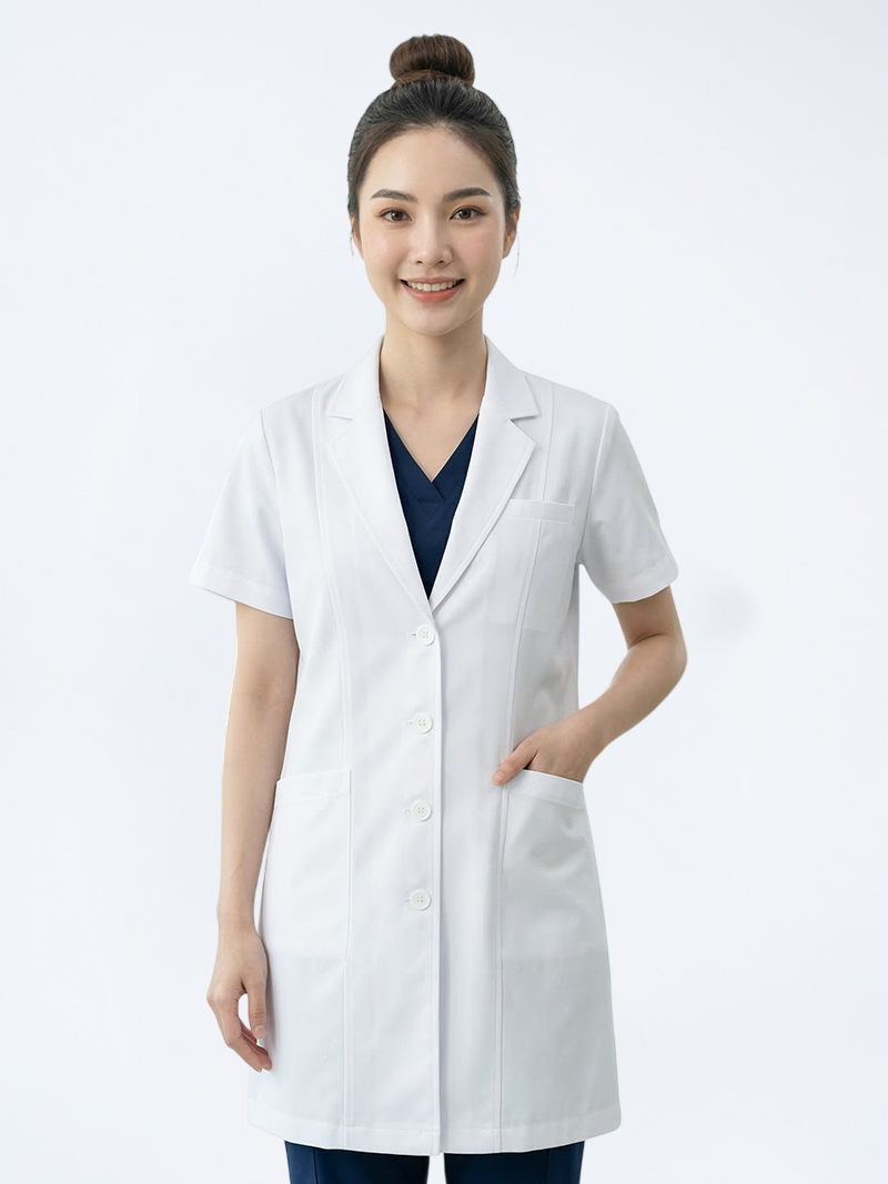 Áo blouse bác sĩ nữ ngắn tay thiết kế cổ vest 