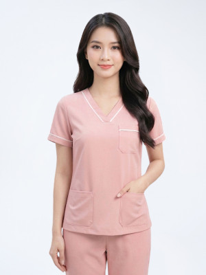 Đồng phục spa nữ màu hồng phấn vải cotton cao cấp, thiết kế thanh lịch