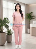 Đồng phục spa nữ màu hồng phấn vải cotton cao cấp, thiết kế thanh lịch, Size M