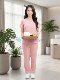 Đồng phục spa nữ màu hồng phấn vải cotton cao cấp, thiết kế thanh lịch, Size M