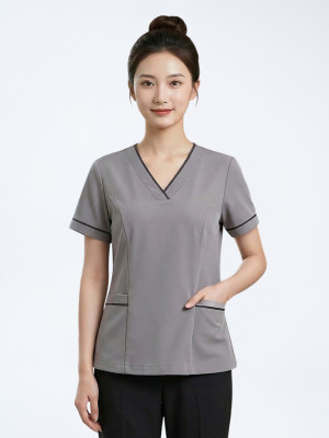 Đồng phục spa nữ màu xám viền đen vải cotton, thiết kế chuyên nghiệp