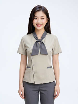 Đồng phục spa nữ cao cấp phối nơ cổ vải cotton mềm mại