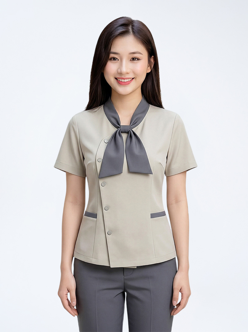 Đồng phục spa nữ cao cấp phối nơ cổ vải cotton mềm mại