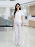 Bộ quần áo scrubs cổ tim màu trắng vải lon Mỹ cao cấp, Size M