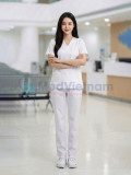 Bộ quần áo scrubs cổ tim màu trắng vải lon Mỹ cao cấp, Size M