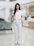 Bộ quần áo scrubs cổ tim màu trắng vải lon Mỹ cao cấp, Size M