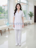 Áo blouse bác sĩ nữ dáng dài cộc tay chất liệu mềm mại, Size M