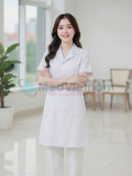 Áo blouse bác sĩ nữ dáng dài cộc tay chất liệu mềm mại, Size M