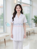 Áo blouse bác sĩ nữ dáng dài cộc tay chất liệu mềm mại, Size M