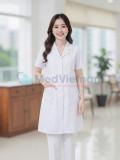 Áo blouse bác sĩ nữ dáng dài cộc tay chất liệu mềm mại, Size M