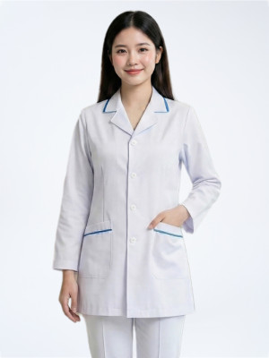 Áo blouse trắng dài tay viền xanh dương