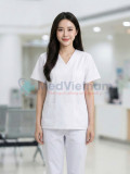 Bộ quần áo scrubs cổ tim màu trắng vải lon Mỹ cao cấp, Size M