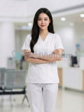 Bộ quần áo scrubs cổ tim màu trắng vải lon Mỹ cao cấp, Size M