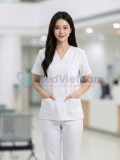 Bộ quần áo scrubs cổ tim màu trắng vải lon Mỹ cao cấp, Size M