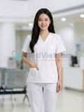 Bộ quần áo scrubs cổ tim màu trắng vải lon Mỹ cao cấp, Size M