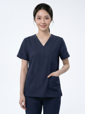 Bộ quần áo scrubs cổ tim cho nữ cao cấp màu xanh đen