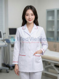 Áo blouse trắng điều dưỡng, y tá nữ dài tay viền đỏ, Size M