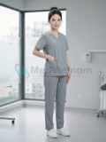 Bộ scrubs cổ tim màu ghi xám thoáng mát, bền màu, Size M