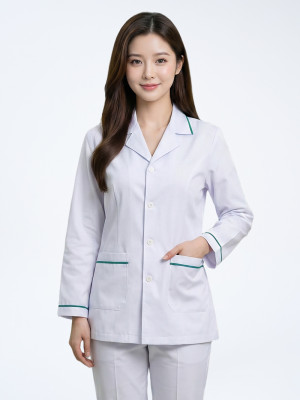 Áo blouse trắng viền xanh lá thiết kế dài tay cho điều dưỡng, y tá nữ