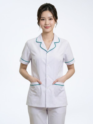 Áo blouse trắng điều dưỡng, y tá nữ cộc tay cổ bẻ cách tân viền xanh ngọc
