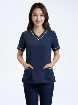 Đồng phục nhân viên spa cổ tim màu xanh than