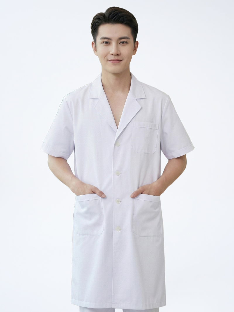 Áo blouse bác sĩ nam màu trắng chuẩn form thiết kế cộc tay, dáng dài