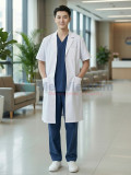 Áo blouse bác sĩ nam màu trắng chuẩn form thiết kế cộc tay, dáng dài, Size M - Vải lon Nhật