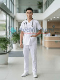 Bộ scrubs cho nam màu trắng chuyên nghiệp, Size M - Vải Lon Mỹ