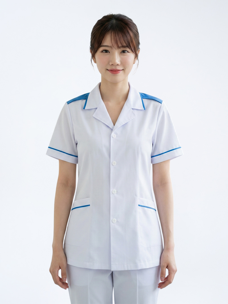 Áo blouse điều dưỡng cho nữ cộc tay phối xanh dương