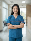 Bộ scrubs nữ màu xanh dương cao cấp, Size M - Vải Lon Mỹ