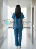 Bộ scrubs nữ màu xanh dương cao cấp, Size M - Vải Lon Mỹ