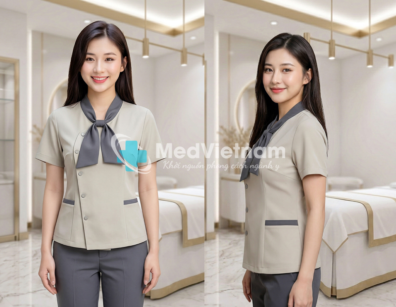 Quần áo đồng phục quản lý spa màu be xám phối nơ.
