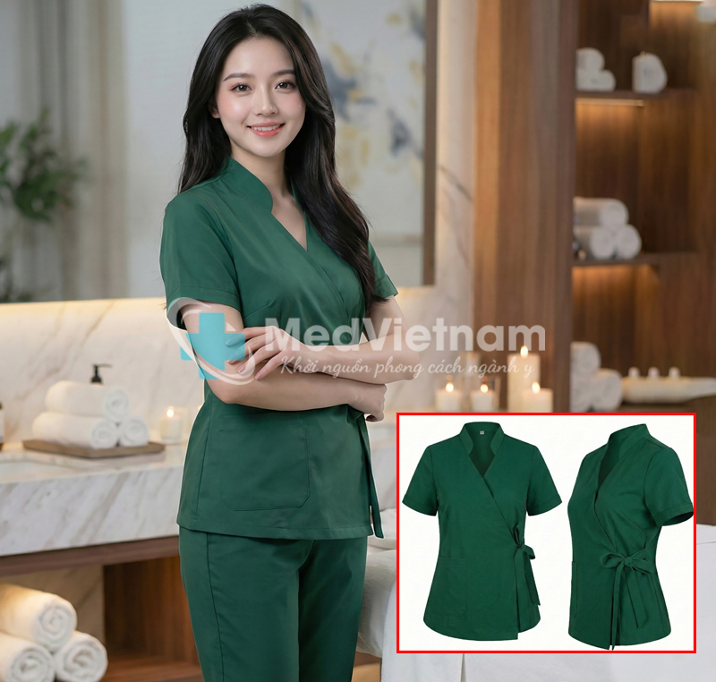 Quần áo đồng phục quản lý spa màu xanh lá cách tân.