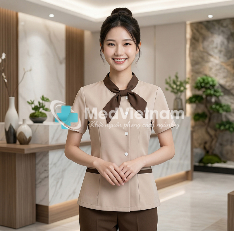Quần áo đồng phục massage màu nâu phối be.