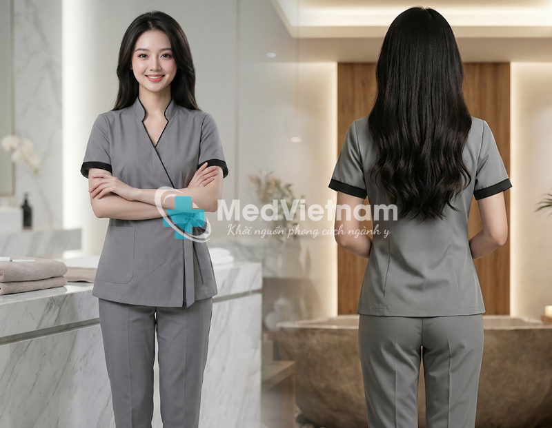 Quần áo đồng phục quản lý spa màu xám cách tân.