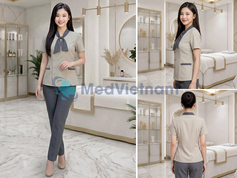 Đồng phục spa màu be xám phối nơ cổ.
