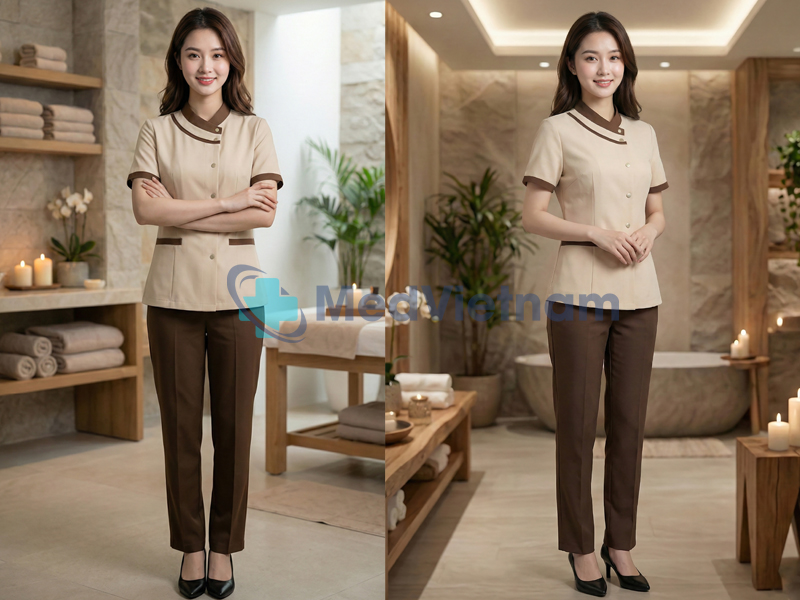 Đồng phục spa màu be phối nâu.
