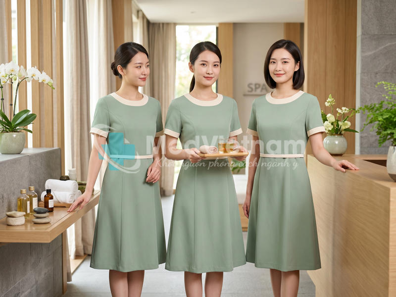 Váy đồng phục spa phối màu tinh tế và trang nhã.