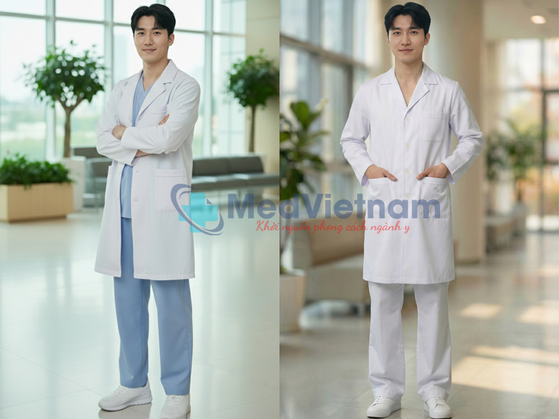 Áo Blouse cổ bẻ danton dáng dài cho bác sĩ nam.