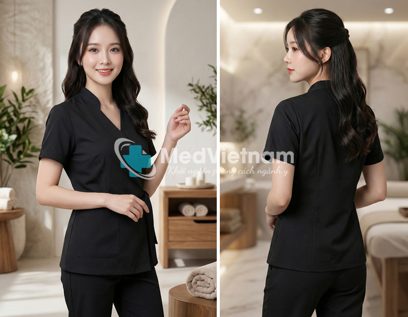 Quần áo đồng phục quản lý spa màu đen trơn cách điệu.